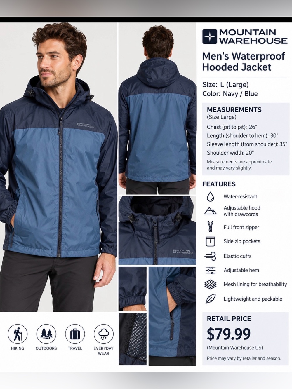 Mountain Warehouse Men’s Waterproof Hooded Raincoat — Navy/Blue